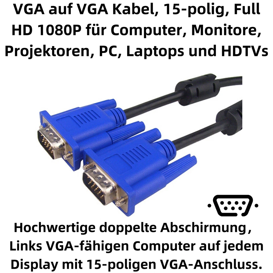 J12 VGA Kabel, VGA-Stecker auf VGA-Stecker, 15-polig Monitor Anschlusskabel 1.5m - Bild 2 von 4