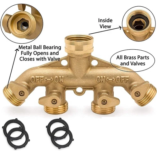 All Brass 4 way Garden Hose Splitter with shut off Valves 3/4 standard tap - Picture 3 of 9