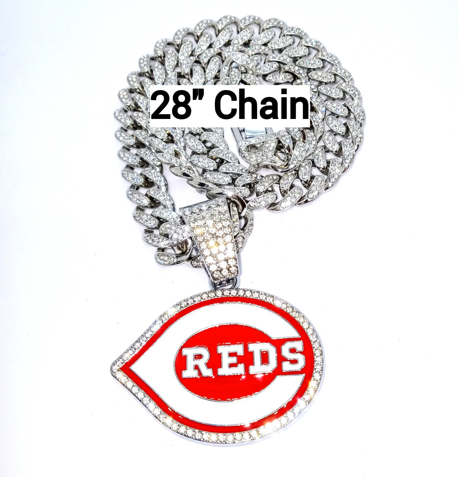 Cincinnati Reds Chain CINCINNATI REDS GEM NECKLACE Silver Bling MLB Hip Hop Pendant & 28 ...