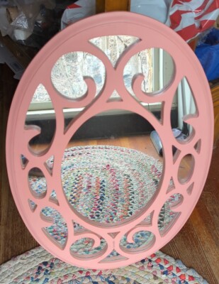 Vintage Wooden Painted Pink Shabby Cute Large Heavy Ornate Mirror