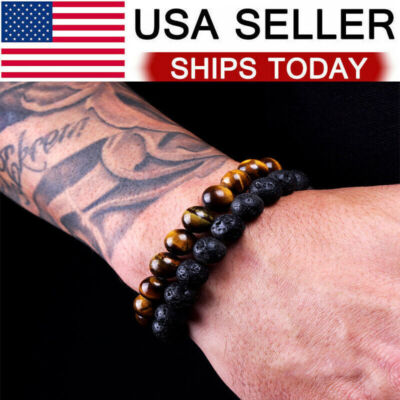 #ad #ad 2PCS Men Bracelet Classic Lava Rock Tiger Eye Gem Stone Beaded Healing Boyfriend $9.99
