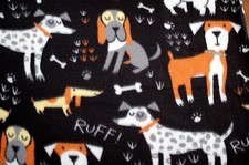 BTY NEW LARGE DOGS, BONES, RUFF ON BLACK BACKGROUND FLEECE FABRIC 1 YD 60 X 36"