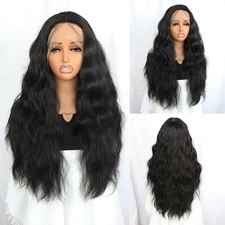 Glueless Synthetic Lace Frontal Wigs Heat Resistant Long Black Hair Body Wavy