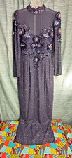 Vintage Alyce Designs Navy Blue Sequin Sheer Top Beaded Formal Gown - Sz. 14