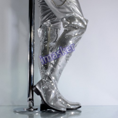 Herren Glitzer Pailletten Runde Zehe Flach Overknee Reitstiefel Cosplay Tanzschuhe - Bild 4 von 15