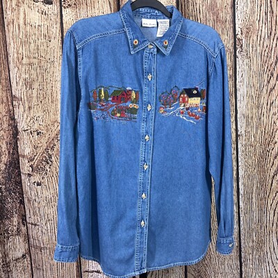 Bobbie Brooks Women s Embroidered Blue Denim Button Up Shirt Size M Harvest
