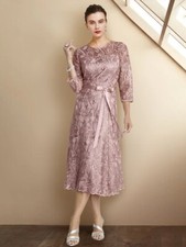 Brand New A-Line Mother of the Bride Dress Elegant Jewel Neck Tea Length Lace 