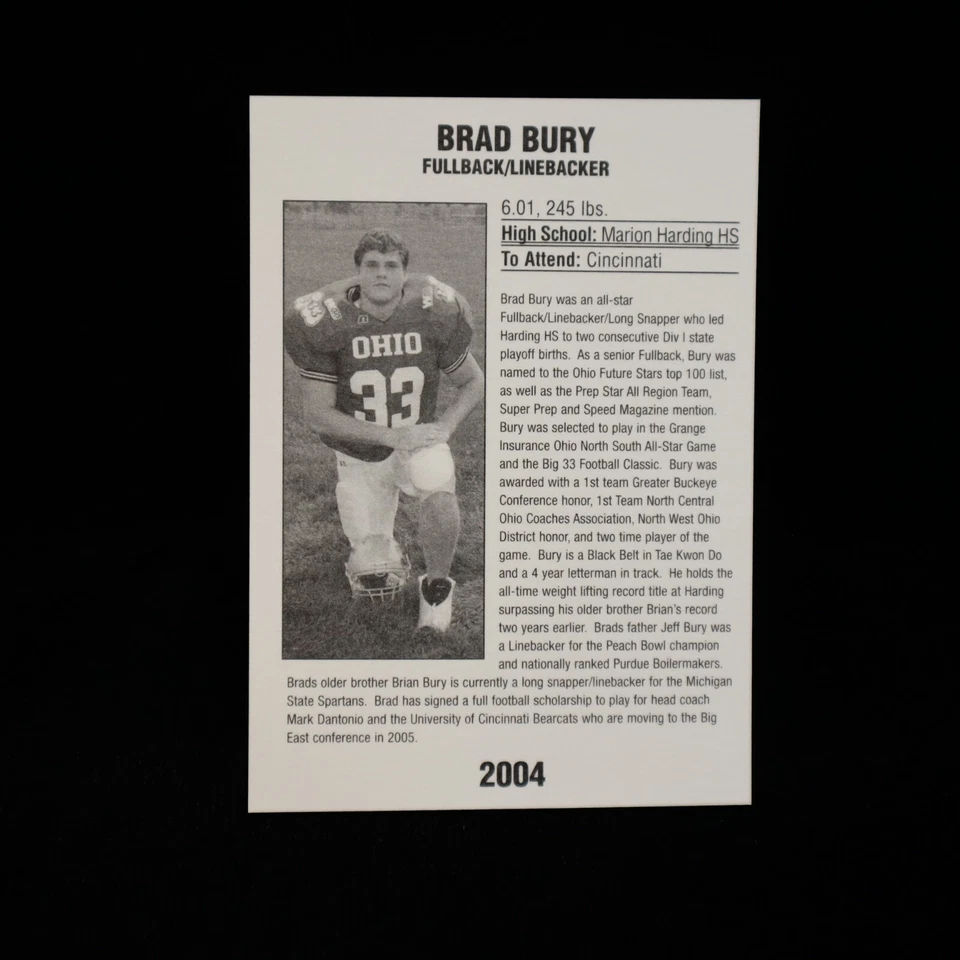2004 Brad Bury  Big 33 OHIO "RED"  High School Football Classic #OH33 - Image 2 of 2