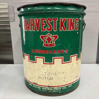 Vintage HARVEST KING LUBRICANTS 5 Gallon Motor Oil Can Grease Sign St. Paul Minn