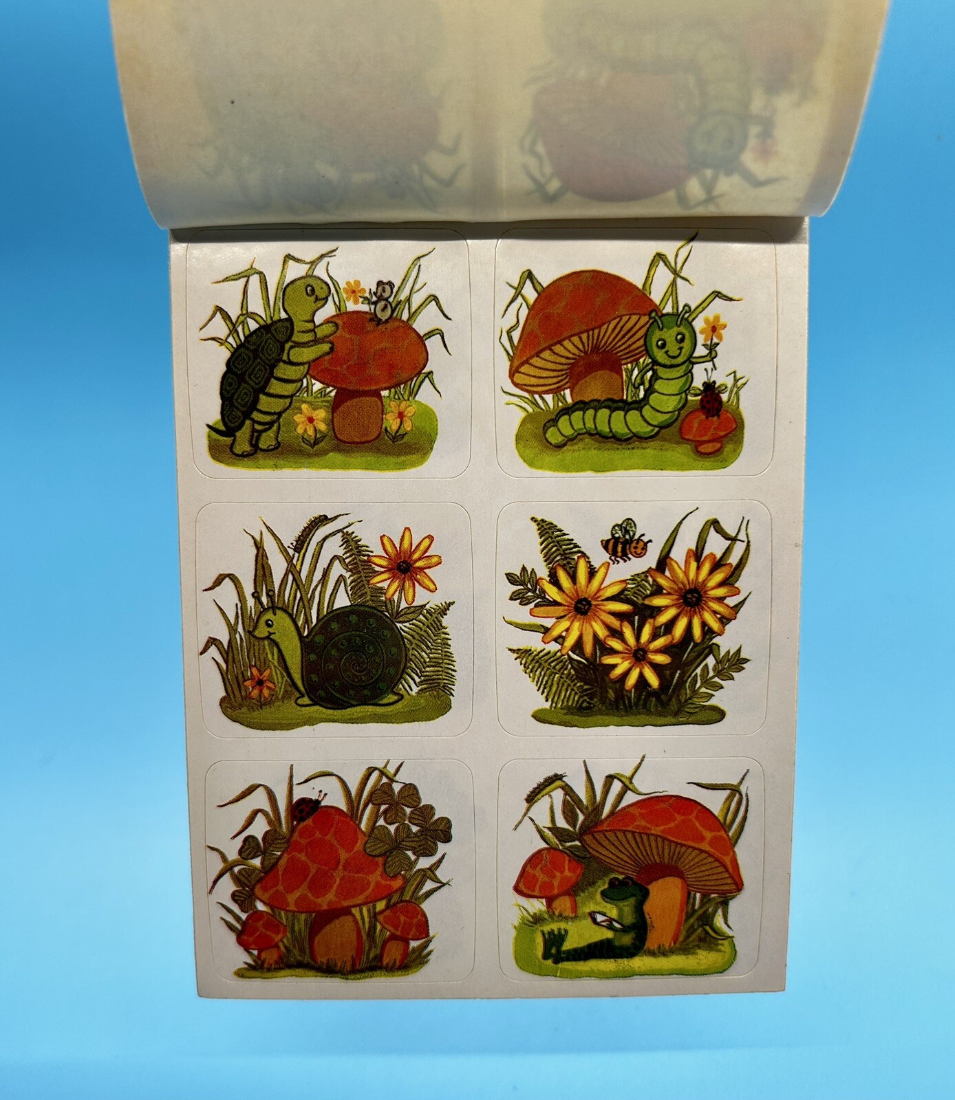 Vintage Hippy Boho Dennison Sticker Seals Mushrooms Snail Turtle Worm 8 Sheets