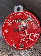 Christmas Reindeer Red Glitter Bow Dangle Bell Earring Set Nwt