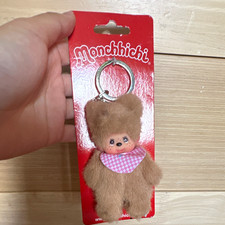 Monchhichi Plush Character Keyring Brown with Pink Gingham Bib on Card