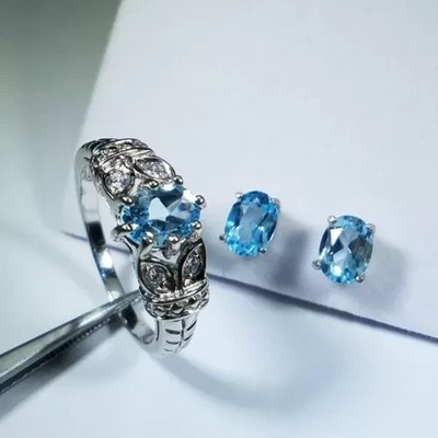 VINTAGE STERLING SILVER NATURAL OVAL BLUE TOPAZ AND CUBIC ZIRCONIA EARRINGS RING