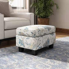 Beige  Blue Floral Upholstered Ottoman Multifunctional Footrest for Living Room