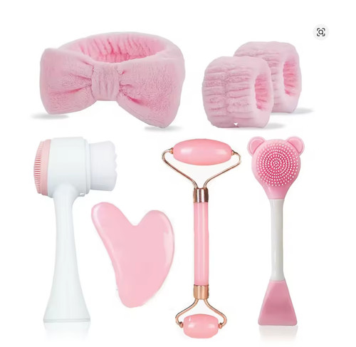 7-piece facial care tool set for skin cleansing, including a headband,wristband