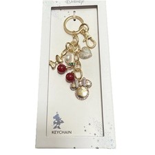 DISNEY Minnie Mouse Bag Charm Keychain Gold Tone Colored rhinestone Cherries New