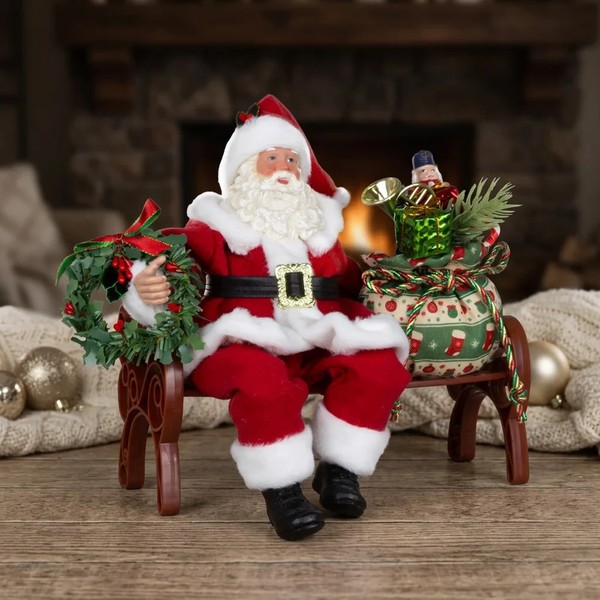 Weihnachtsmann Sitzend Auf Bank Santa 28Cm Dekofigur Rot Traditionell Sack Kranz-image