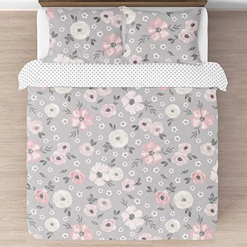  Juego de edredón de ropa de cama floral para niña tamaño completo/queen acuarela gris Foto 4 de 4
