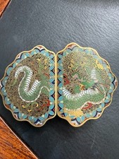 Japanese Meiji Era Scalloped Green Cloisonn  Enamel Dragon Design Belt Buckle