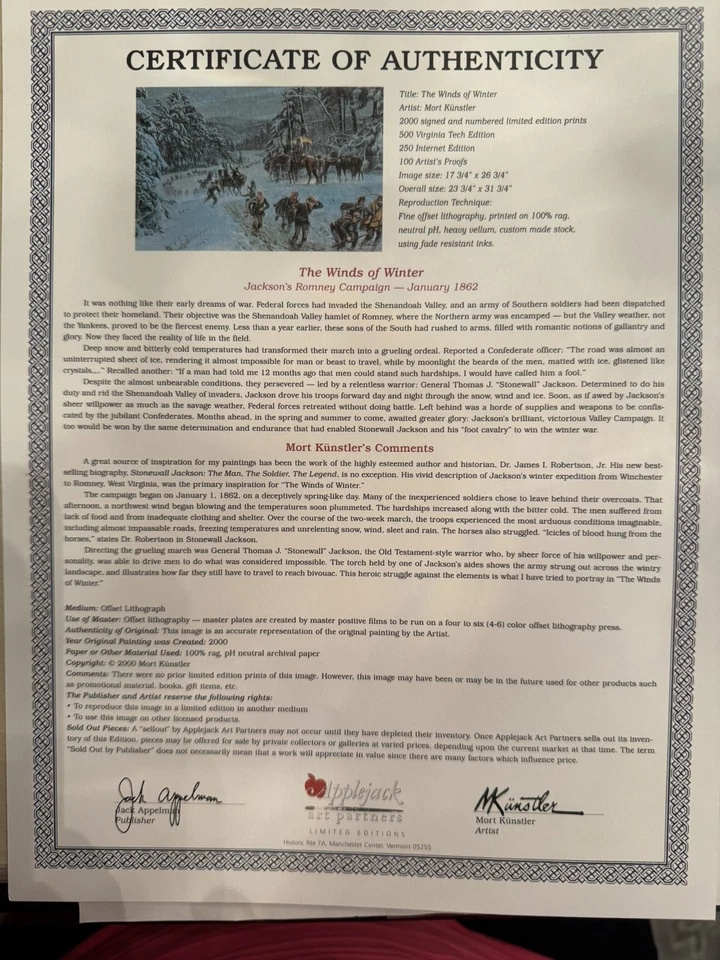 Mort Kunstler - Los vientos del invierno - Impresión coleccionable de la Guerra Civil - Certificado de autenticidad Foto 4 de 4