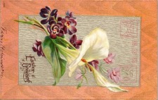 1910 Easter Greeting Postcard Embossed Calla Lily Purple Flowers Ohio Postmark