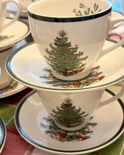 Vtg Cuthbertson Christmas Tree Oversized Cups & Saucers Set of 10 - Discontinued