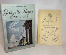 Georgette Heyer, Devil's Cub 1953 Heinemann & Signed Menu card from 1954