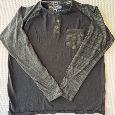 Broken Threads Mens XL Henley Shirt Long Sleeve Space Dye Raglan Black Gray