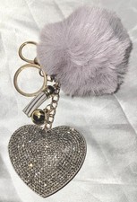 Champagne Rhinestone Heart Shaped Bag Charm/ Keychain Gold-tone Hardware Pompom