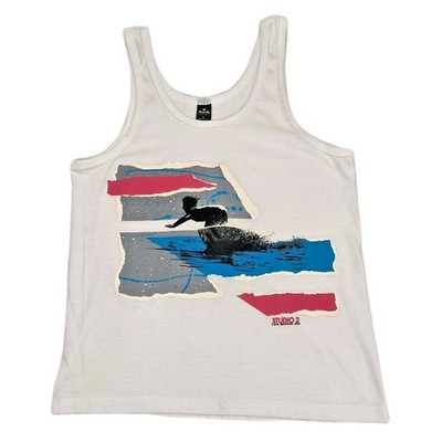 Vintage 1986 Anvil Studio 2 Surfing Graphic Tank Top Mens XL White USA Made 80s