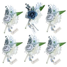 6 PCS Dusty Blue Wedding Boutonniere Men Artificial Flower Groom Groomsmen