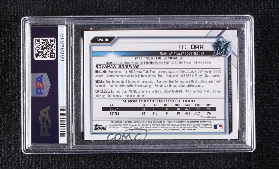 2021 Bowman Chrome Prospect HTA Gold Shimmer Refractor /50 JD Orr PSA 9 Auto - Image 2 of 2