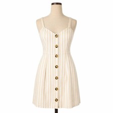 Abercrombie Striped Button Mini Sun Dress Sz XS Tan Coastal Smocked Beach Preppy