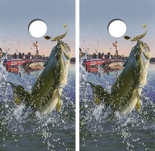Large Mouth Bass Fishing Action Version Cornhole Board Decal Wrap FREE SQUEEGEE