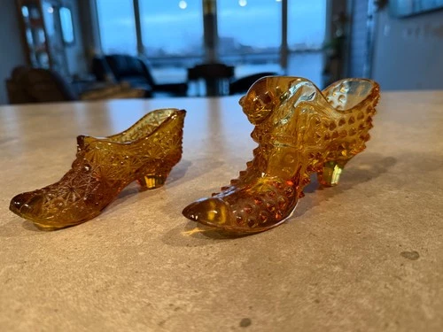 2- Vintage FENTON Art Glass Amber Hobnail Shoe Slipper with Cat Head 5.5"