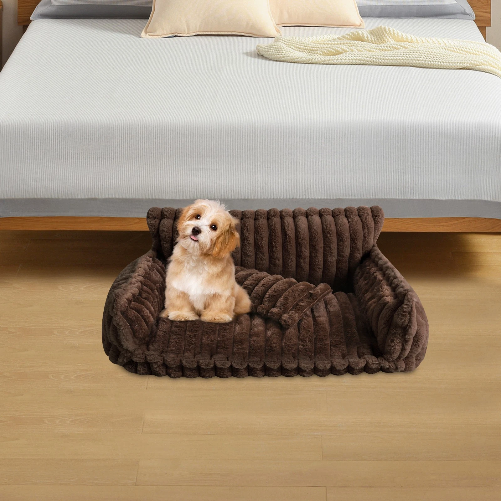 Pet Couch Dog Bed Washable Removable Fluffy Rabbit Plush Couch Dark Brown