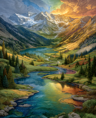 8x10 Cozy Storybook Mountain Landscape River Mountains Art Print