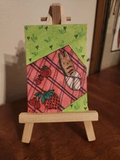 ACEO Original Drawing Bunny Picnic Miniature Art Trading Card