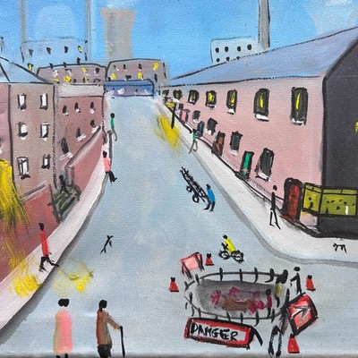 2012 John Goodlad UK Oil on Canvas Manchester ''Working Day'' Outsider Art