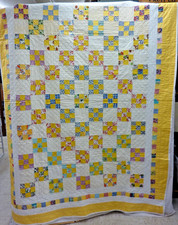 ANTIQUE 9 PATCH HAND SEWN AND PIECED QUILT WHITE YELLOW MULTI-COLORED PATCHS