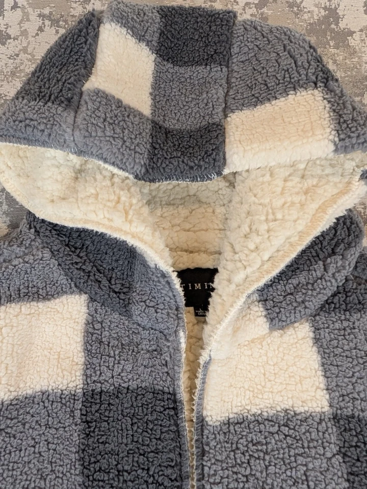 Timing Women's Large Cardigan Hoodie Sherpa Fleece Lined Gray White Checkerboard - Image 4 of 4