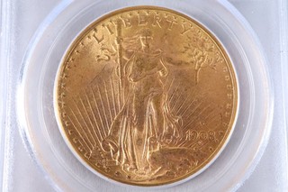 NobleSpirit GOLD 1908 D $20 (with) MOTTO PCGS Ms63 DESERVES HIGHER GRADE