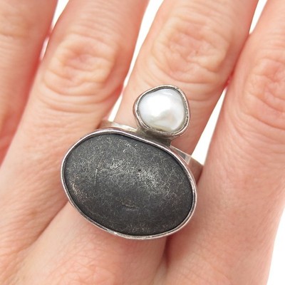 ECHO OF THE DREAMER 925 Sterling Vintage Real Pearl River Stone Ring Size 