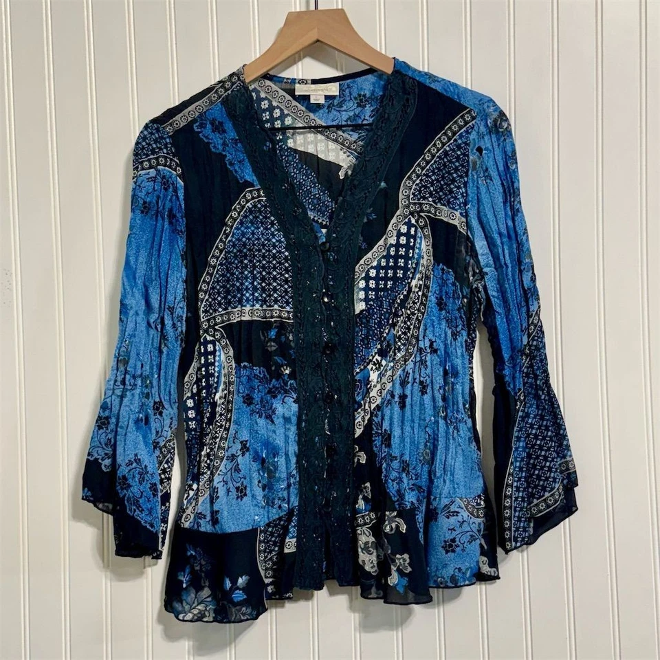Dressbarn блузка L синий черный цветочный пэчворк кружева отделки Bell рукав богемное фея - Изображение 2 из 4