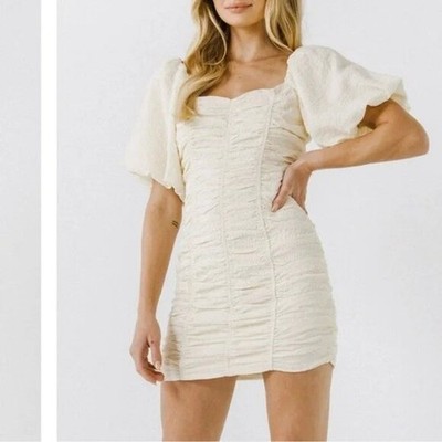 ''NWT'' Endless Rose Cream Puff Sleeve Ruched Mini Dress-Small- Shabby Chic