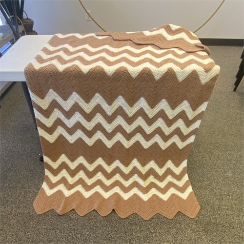Handmade Crochet Chevron Sofa Throw Blanket Brown White 42x77 in