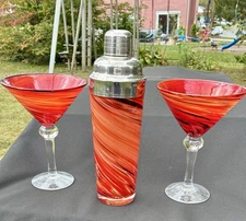 Rare Art Glass & Chrome Martini Shaker W/2 Matching Margarita Glasses Red/Orange
