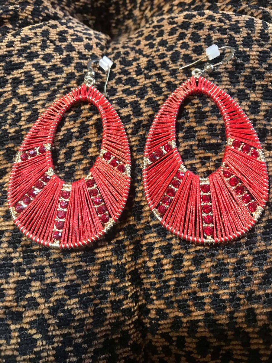 Statement Red Gold Silk Thread Dangle Red Fashion Costume Earrings