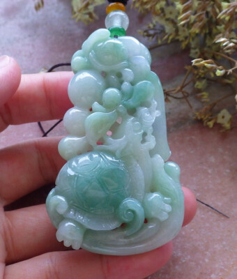 Certified Green Burma Natural A Jade jadeite Pendant Dragon Turtle Lotus 603269