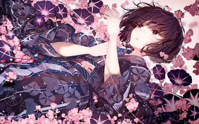 Anime girls short hair flowers japanese clothes atha playmat gaming mat